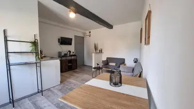 Cuisine ou kitchenette dans l'établissement Jade centre-ville T2 rénové cocon cosy parking 40m2