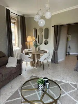 Coin salon dans l'établissement Royal Home, hypercentre Reims avec vue Cathédrale