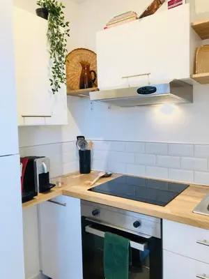 Cuisine ou kitchenette dans l'établissement Appartement centre-ville Reims vue Cathédrale