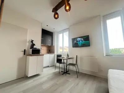 Télévision ou salle de divertissement dans l'établissement Neufchâtel studio cosy calme proche centre ville