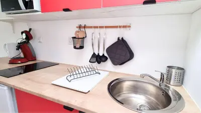 Cuisine ou kitchenette dans l'établissement Le petit Château Avesnois - Studio avec terrasse vue sur le jardin