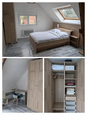 Un ou plusieurs lits dans un hébergement de l'établissement Longère cosy avec cuisine et lave linge