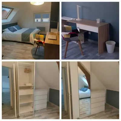Un ou plusieurs lits dans un hébergement de l'établissement Longère cosy avec cuisine et lave linge