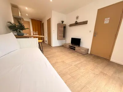 Un ou plusieurs lits dans un hébergement de l'établissement C Coispine charmant studio en RDC face à la meuse