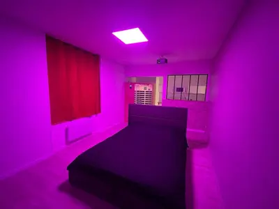 Un ou plusieurs lits dans un hébergement de l'établissement LOVE ROOM Sauna & Cinema 2p Studio proche Disney