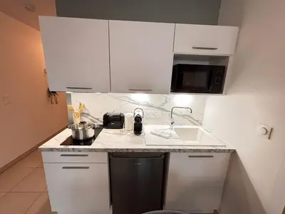 Cuisine ou kitchenette dans l'établissement Le Rainssant studio cocooning en RDC au centre