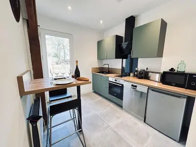 Cuisine ou kitchenette dans l'établissement 1 Vasnier F1 avec terrasse proche caves et science po