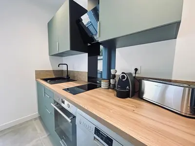 Cuisine ou kitchenette dans l'établissement 1 Vasnier F1 avec terrasse proche caves et science po