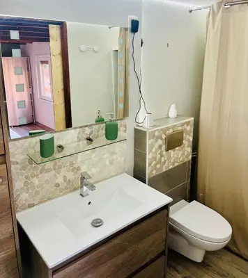 Salle de bains dans l'établissement Au petit Jardin Sézannais