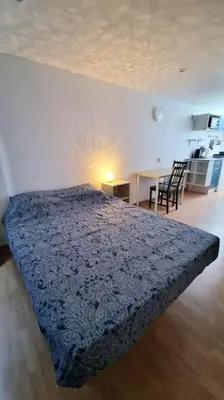Un ou plusieurs lits dans un hébergement de l'établissement Le petit Château Avesnois - Studio en rez de jardin avec terrasse privée